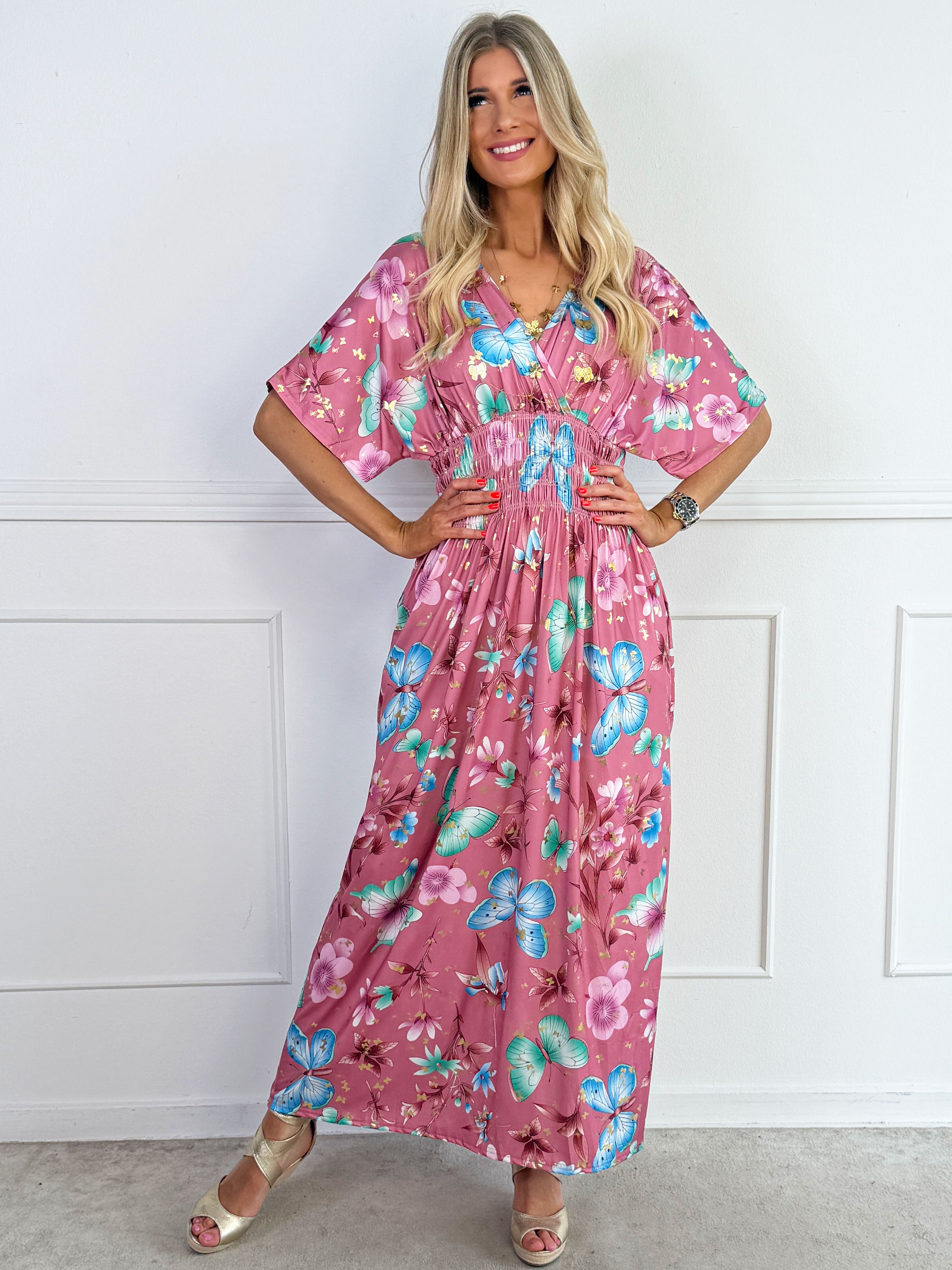 Pams Fairytale - Lång stretchig klänning i fint blom- och fjärilstryck